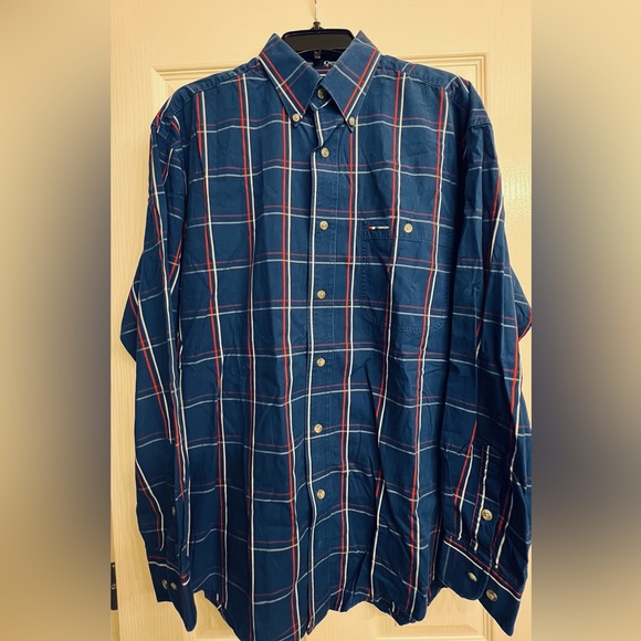 SOLD. Wrangler Classic button down dress shirt. Dark blue w/red&white stripes. - Picture 1 of 2